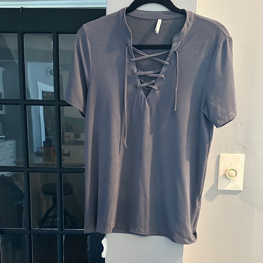 Z Supply Charcoal Lace-Up Short Sleeve Tee
